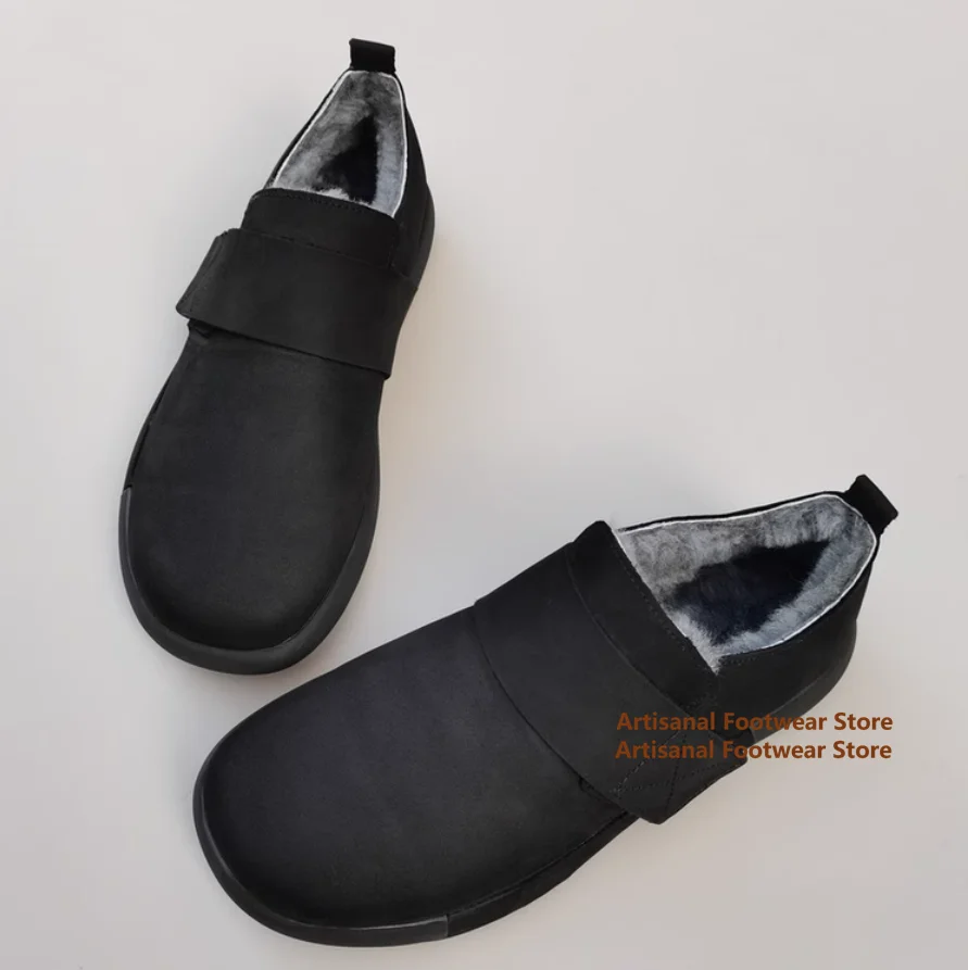 

Low-Cut Men's Snow Boots Winter Black Leather Sheepskin Integrated Anti-Slip Snow Boots Handmade Genuine Leather Warm Men Boots
