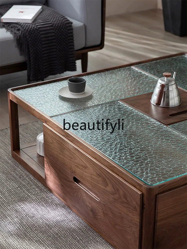 Tavolino da caffè in legno massello di noce nera nordica, superficie in vetro, semplicità moderna, tavolino da caffè per uso domestico con cassetti