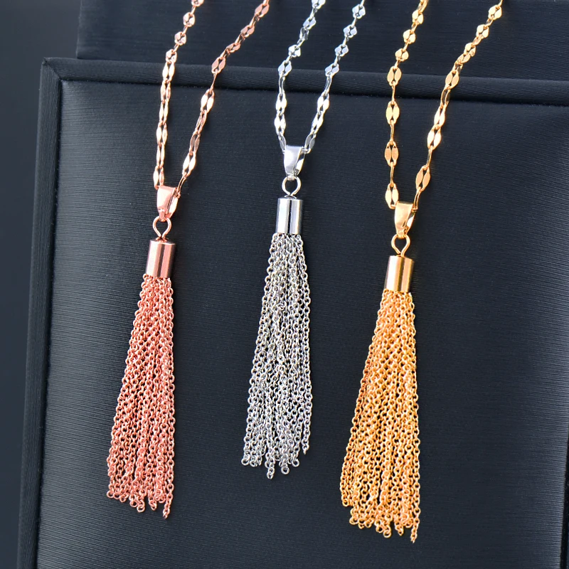 SINLEERY Stainless Steel Necklace Long Tassel Pendants For Women Fashion Jewelry Choker Neck Female Chain XL851