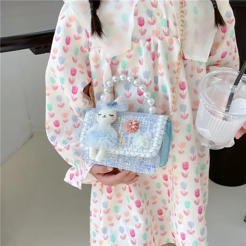 Flower Pearl Handle Children\'s Small Shoulder Bag Sequin Princess Kids Square Crossbody Bags Baby Girls Change Purse Handbags