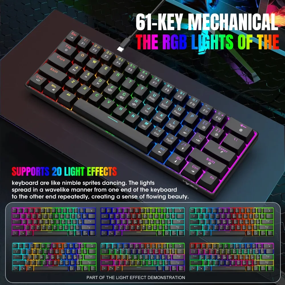 61 Keys Hot Swappable Mechanical Keyboard Red Switch RGB 21 Modes Type C Detachable Cable Portable Gaming Keyboard For PC Laptop