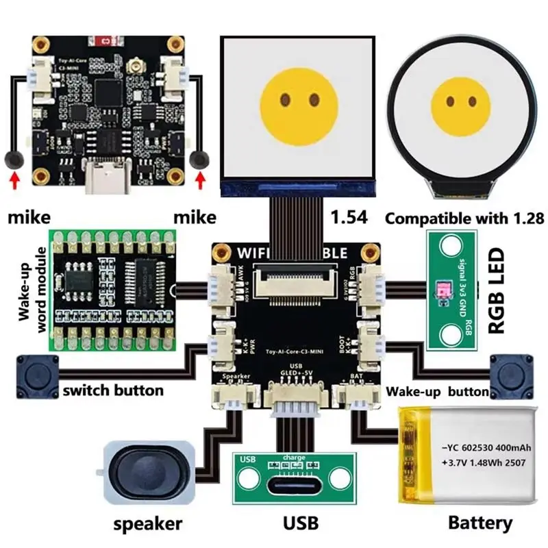 Placa de desenvolvimento esp32 c3 robô de voz mini ai deepseek core com tela lcd de 1.54 polegadas kit diy