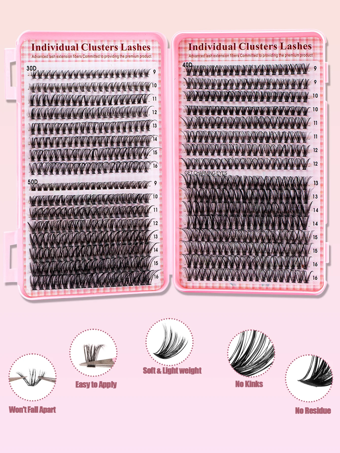 30D/40D/50D Mixed Volume Clusters Eyelash Extension Set Reusable 9-16mm Length, DIY Lash Clusters Kit with Glue