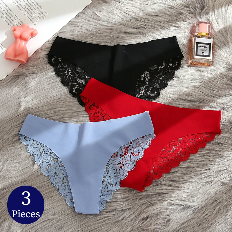 TrowBridge 3PCS Women\'s Panties Set Sweet Lace Underwear Soft Silk Satin Lingerie French Romantic Woman Briefs Female Sexy Panty