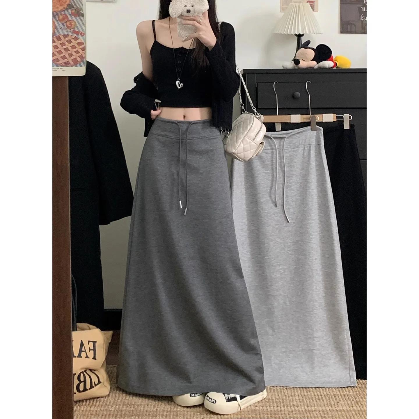 Deep Grey Drawstring A-Line Skirt Women's Lazy Style High Waist Straight Cut Loose Half-length Skirt Casual Wear for Autumn