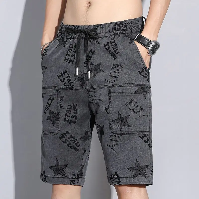 Summer England Men\'s Clothing Letter Geometric Printing Elastic High Waisted Pockets Drawstring Knee Pants Straight Cargo Shorts