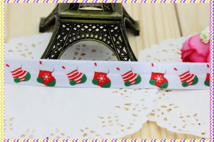 DHK 5/8'' 5yards Fold Over Elastic FOE christmas socks printed headband hair band diy decoration OEM Wholesale E267