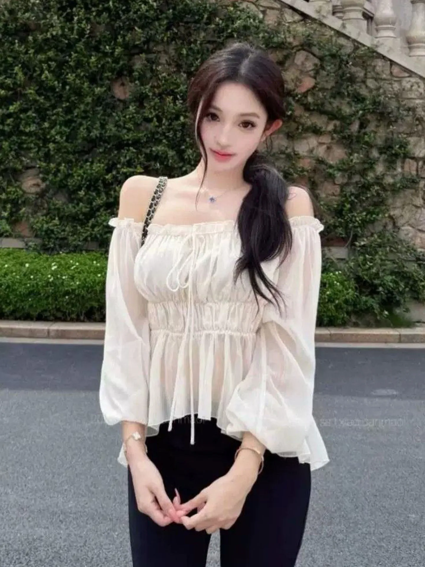 Pure Desire Drawstring Wooden  One Shoulder Lantern Sleeve Chiffon Shirt Women Early Autumn New Style Atmosphere Slim Wai...