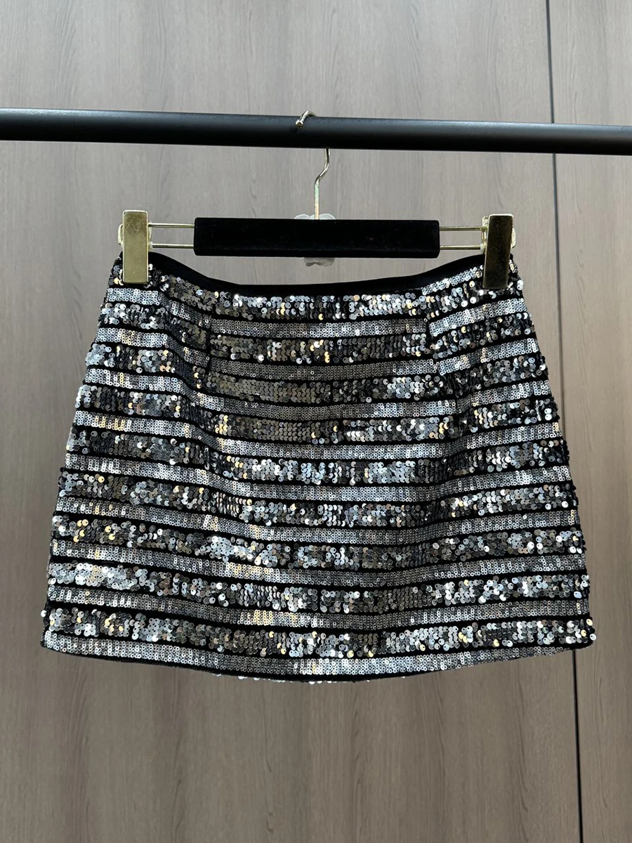 VGH Sliver Color Spliced Sequines Skirt For Women High Waist Temperament Slimming Fashion Style Mini Skirts Female Clothing New