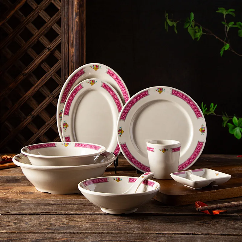 

Vintage Melamine Tableware Set Floral Plate Fish Dish Rice Bowl Durable Commercial Use