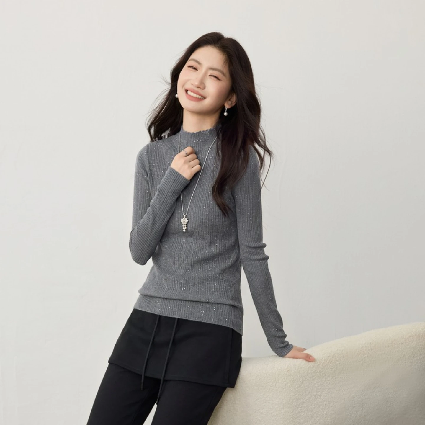 SENTUBILA Women Wool Blend Knit Sweater Half High Neck Textured Slim Fit Stretch Shimmer Silver 2026 Winter Basic Top W64HA8731