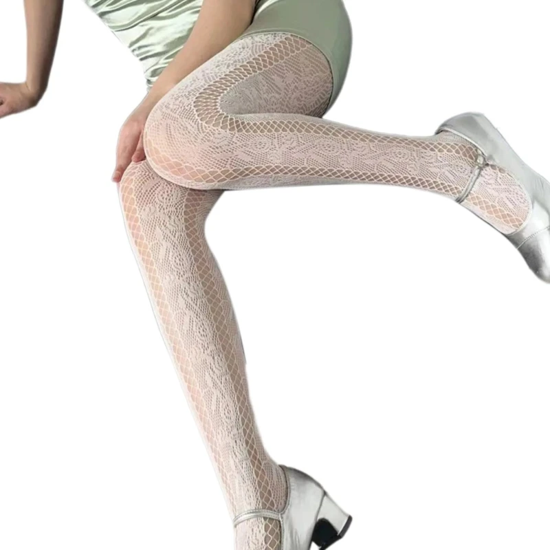 Women French Vintage Fishnet Pantyhose Rose Jacquard Patterned Sheer Mesh Tights Side Hollow Out Striped Stockings