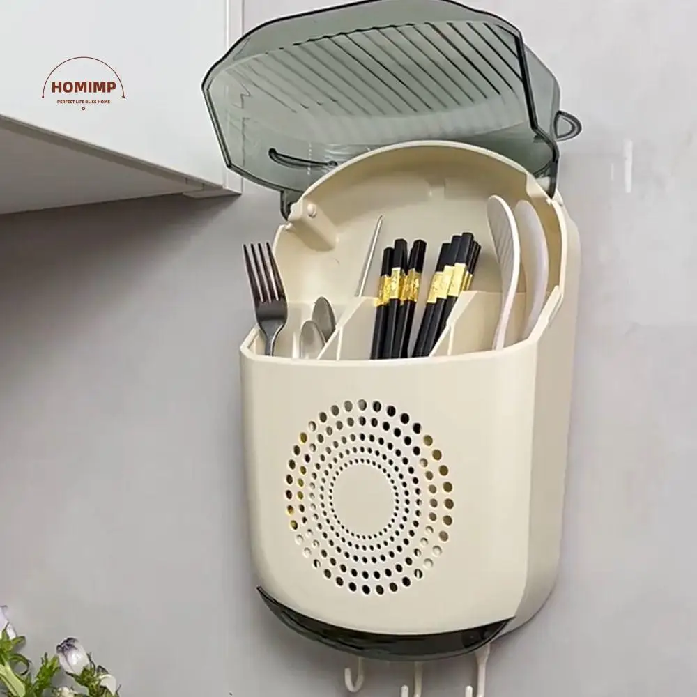 

Large Capacity Wall-Mounted Chopstick Holder with Lid Dustproof Kitchen Cutlery Container Plastic Cutlery Storage Box
