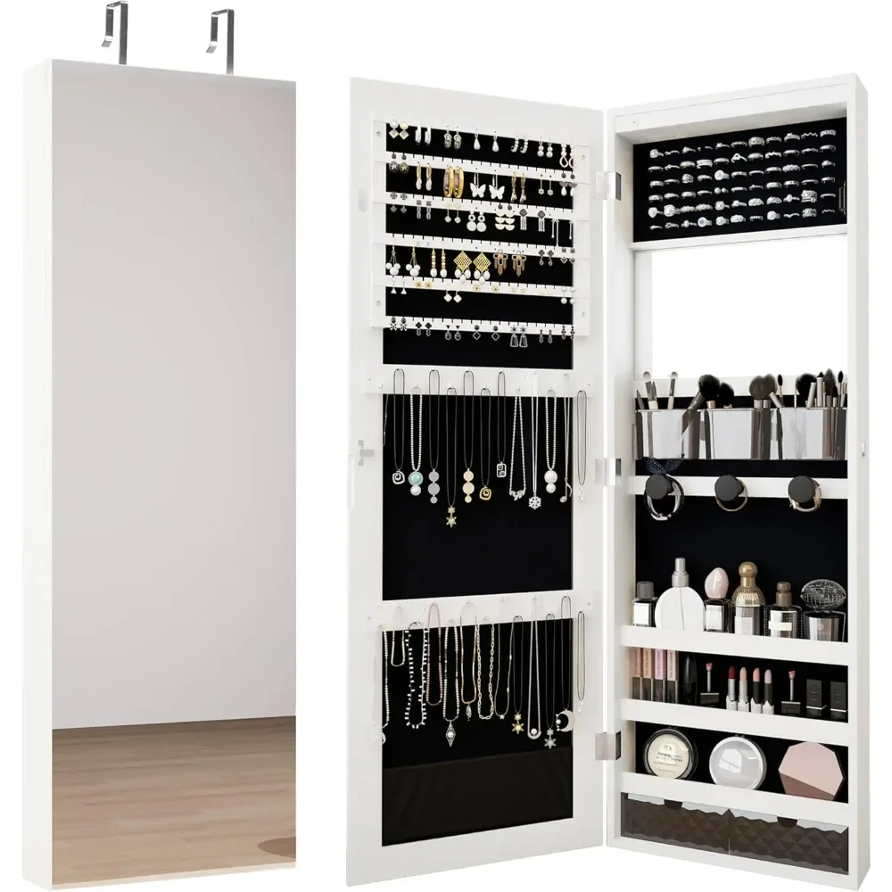 

Mirror Jewelry Cabinet, Lockable Jewelry Armoire Organizer With Built-up Mirror, LED Lights, Drawers, Cosmetic Trays, Shelves
