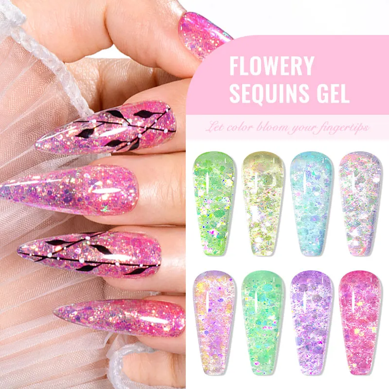 Mtssii 7ml Flowery Sequins Gel Nail Polish Soak Off LED Long-Lasting Glitter Shiny Nail Gel LED Lamp Needed Polish Nail Art Gel