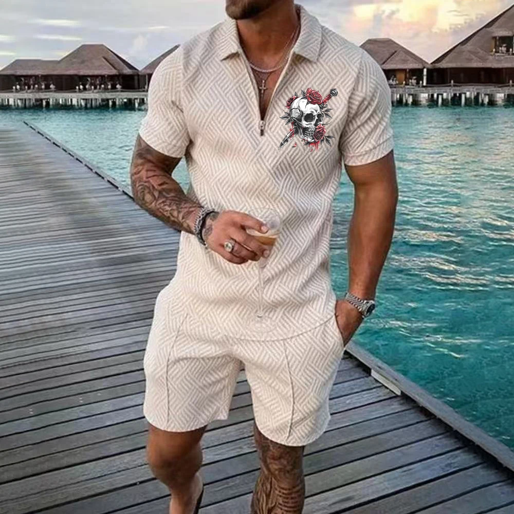 Summer 3D Skull Printed Men's Sets Fashion Zip Polo Short Sleeve Top +Shorts Outfit Summer Street Trend Oversized Men Clothing