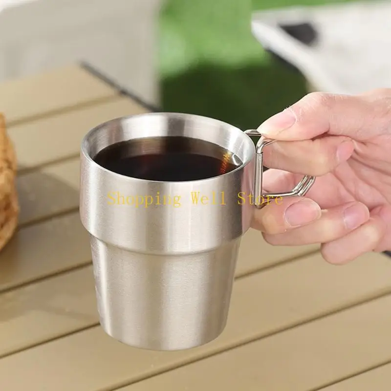 

KX4B Set Of 2 Multipurpose Stainless Steel Camping Mugs Foldable Handle Double Wall Construction For Hiking And Travel