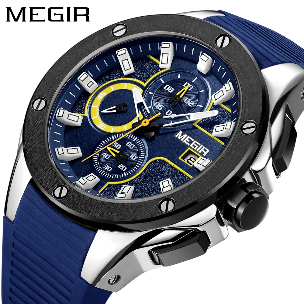 MEGIR Top Brand Men\'s Military Sport Chronograph Watches Waterproof Fashion Blue Silicone Strap Quartz Wristwatch Man Auto Date