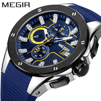 MEGIR Top Brand Men's Military Sport Chronograph Watches Waterproof Fashion Blue Silicone Strap Quartz Wristwatch Man Auto Date