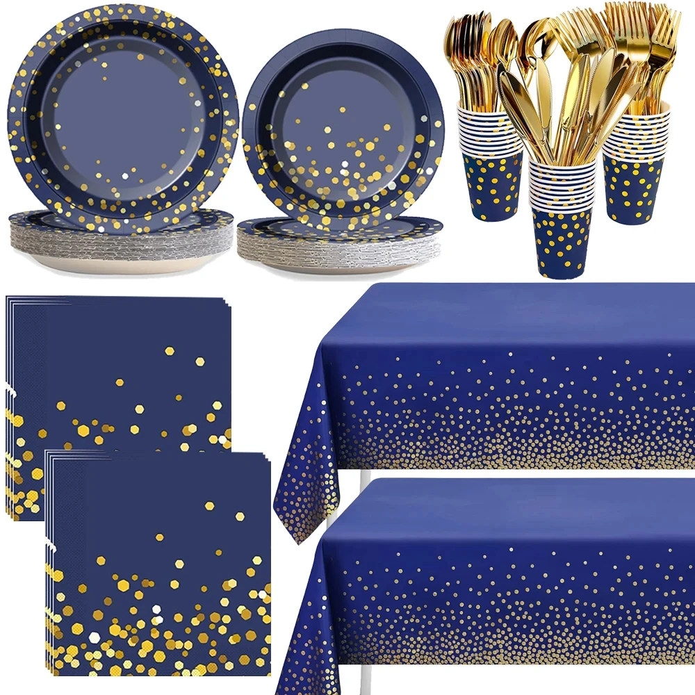 Blau Schwarz Gold Party Dekorationen Blau und Gold Einweggeschirr Set Pappteller Tassen für Geburtstag Hochzeit Partyzubehör – Detail 1