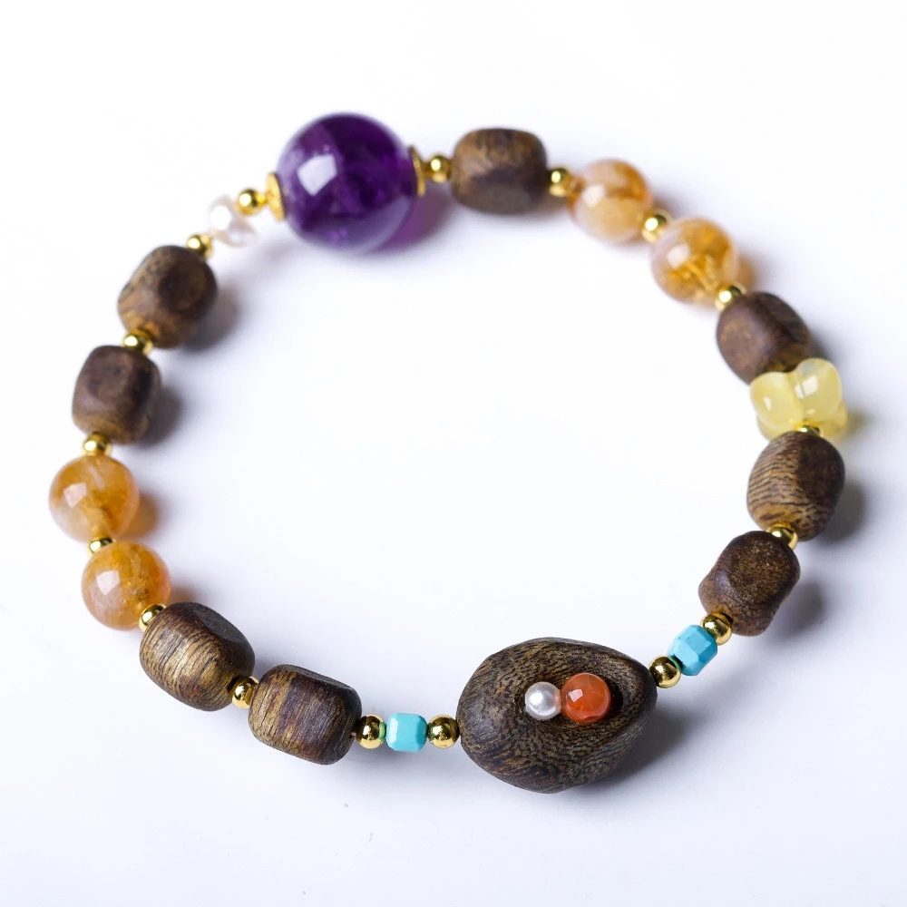 Hainan GreenQinan agarwood scar tree heart material bracelet paired with amethyst citrine beeswax osmanthus flower bracelet for