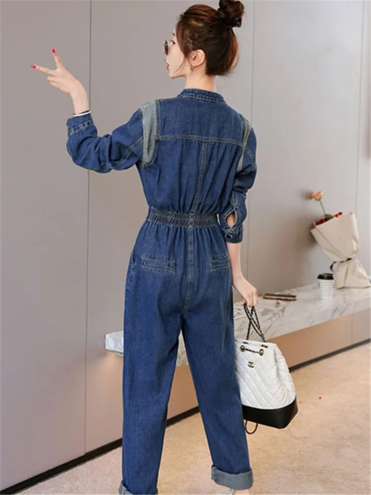 2024 Spring Autumn New Denim Jumpsuit Women Casual Loose Waist Show Slim Workwear Long Sleeved Overalls Long Pants Lady Jeans