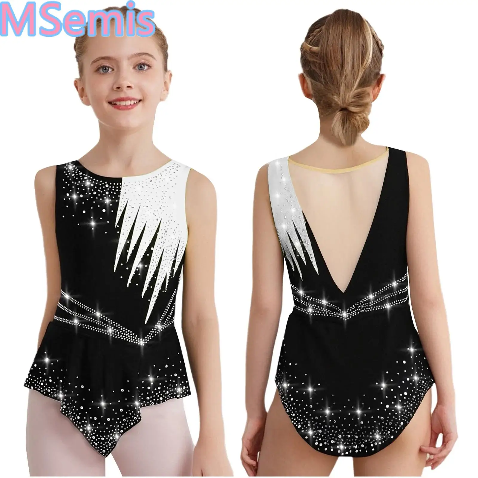 

Kids Girls Contrast Color Dance Leotard Rhythmic Gymnastics Sleeveless Shiny Rhinestones Bodysuit Competition Performance