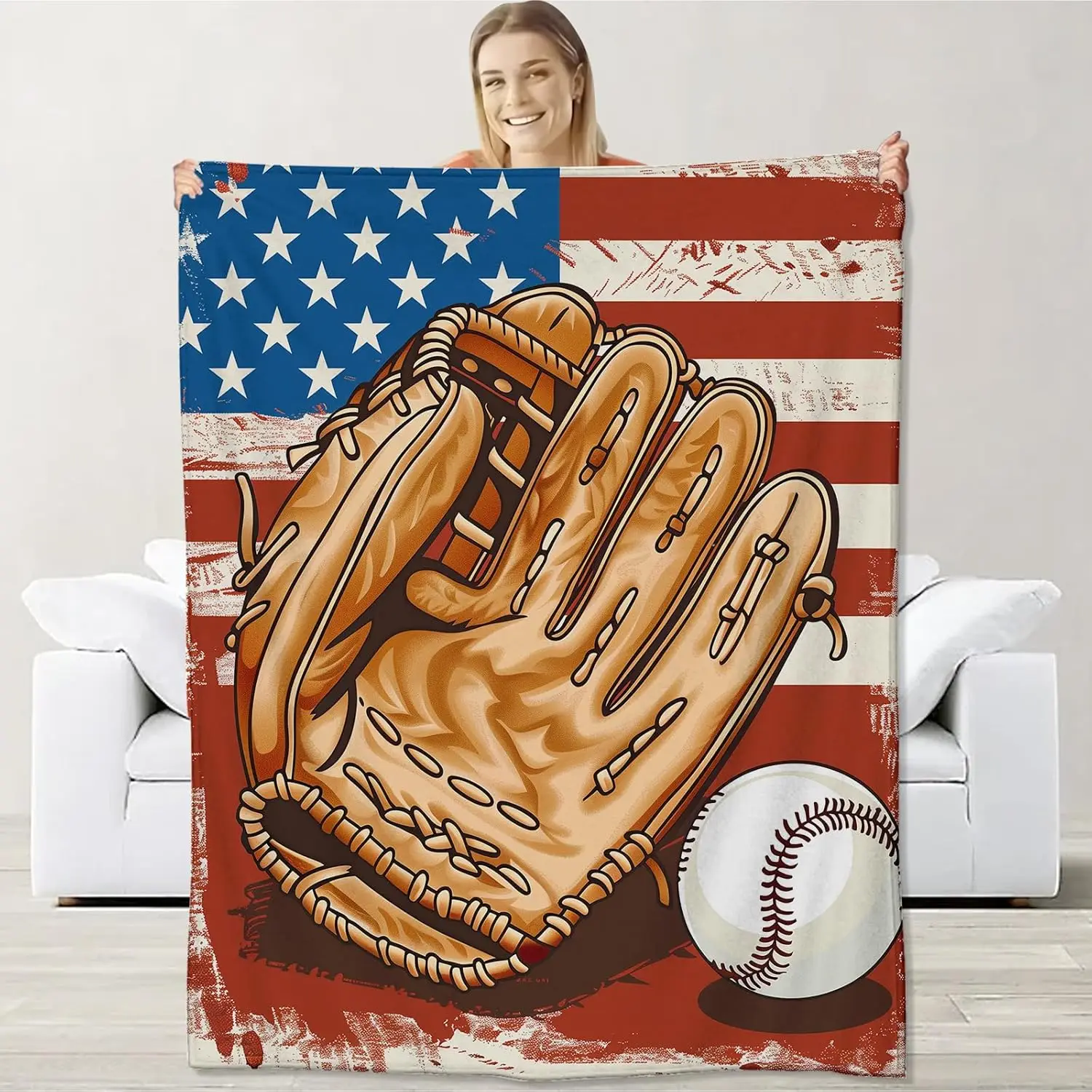 

Softball Blanket For Teen Men Adults, Flannel Softball Blankets Gifts, American Flag Softball Throw Blanket For Sofa Couch Bed