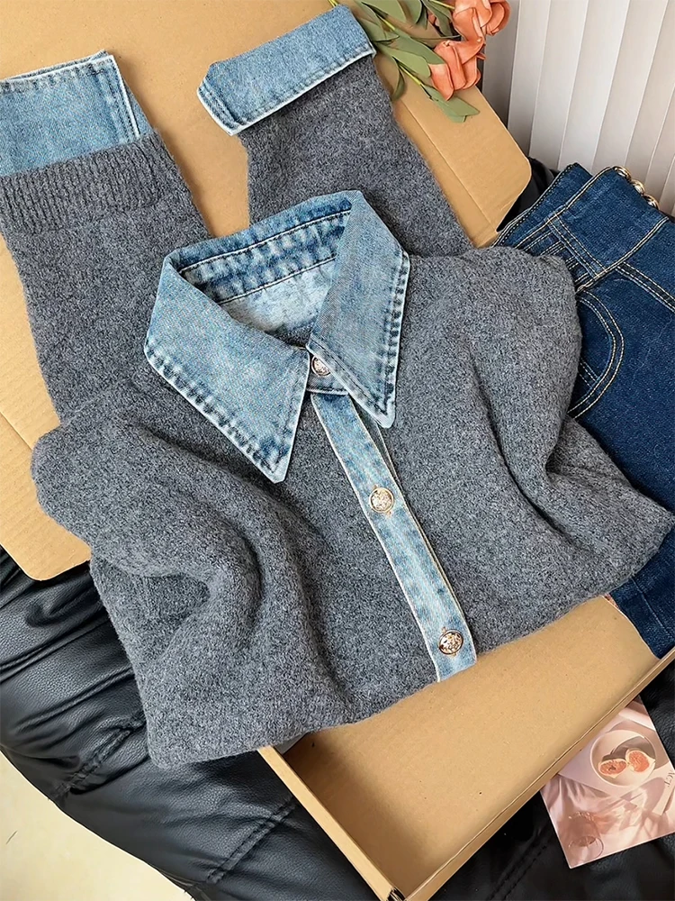 

Ретро-кардиган в корейском стиле из денима с пэчворком и вязаными элементами, женский, зимний, новинка, большие размеры, универсальный, с воротником, на пуговицах