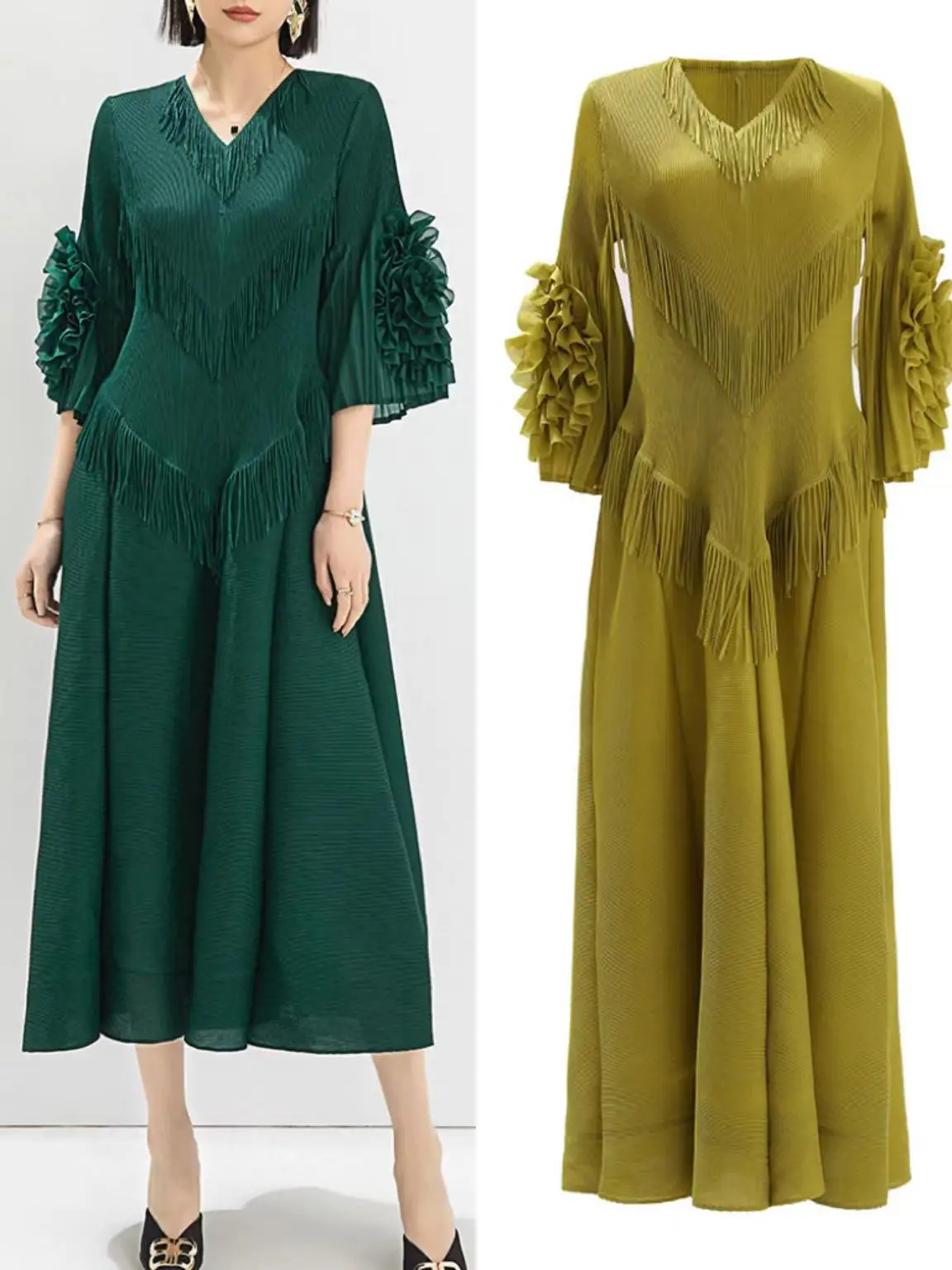 

Miyake Pleated Dress Women's Spring New 2024 Fashionable Elegant V-neck Fringe Plate Flower Middle Sleeve Plus Size Maix Dress