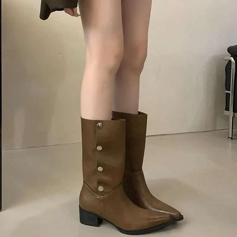 2025 New Fashion Pointed Toe  Ankle Boots Women Square Low Heels Buckle Strap Fold Short Booties Autumn Winter Shoes