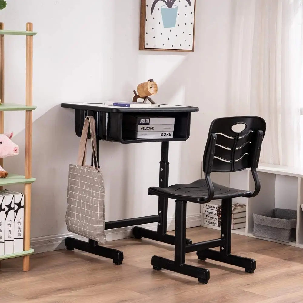 Desk and Chair Combo, Height Adjustable School Desk and Chair Workstation with Drawer, Pencil Grooves and Hanging Hooks