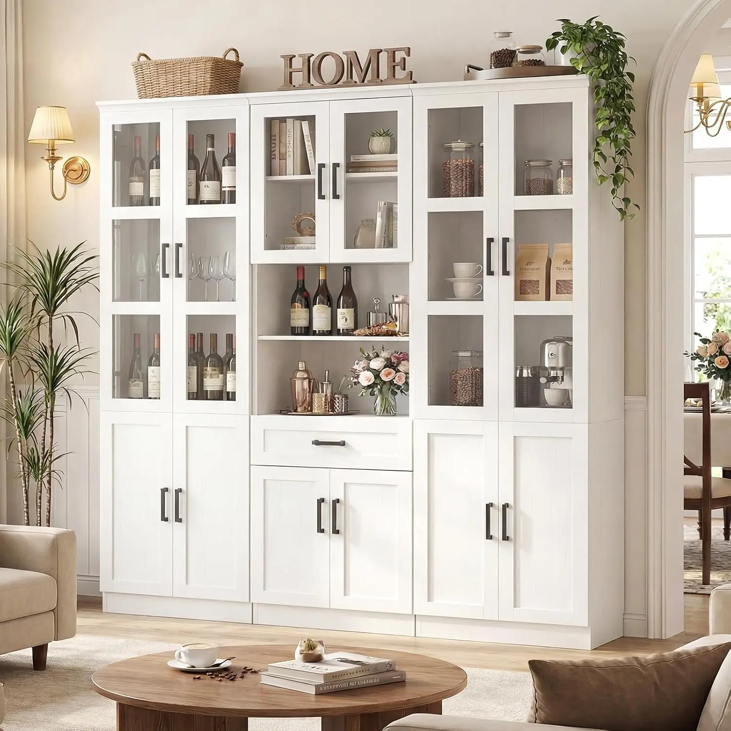 Freestanding Kitchen Hutch Pantry Cabinet with Glass Doors & Drawer, Large Wood Cupboard for Dining Room, Antique White