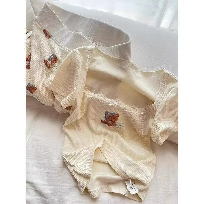 

Cute Bear Long Sleeve Pajamas Set Women Lace Trim Shorts Home Outfit Sleepwear