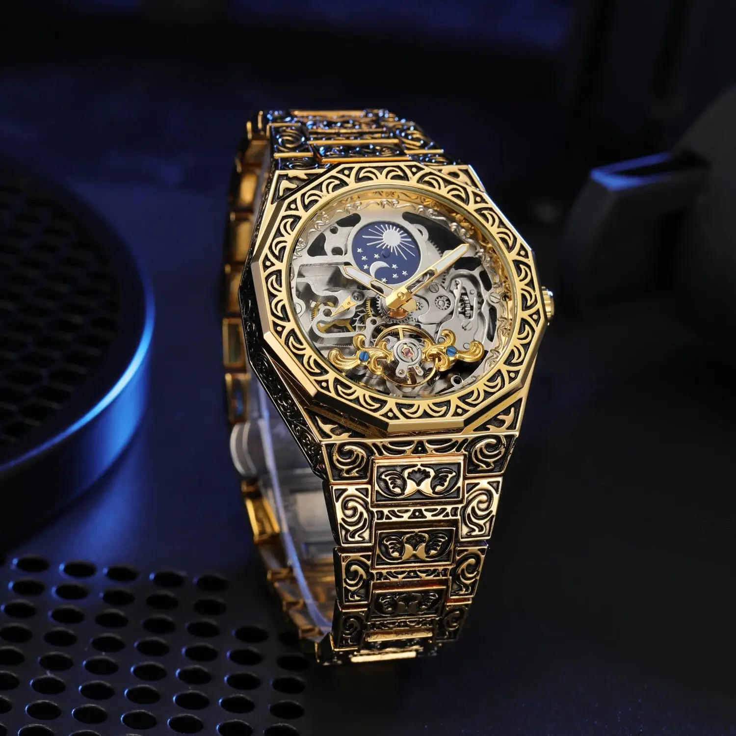 Forsining luxo tourbillon esqueleto relógios mecânicos fase da lua ouro relógio automático para homem gravado pulseira de aço inoxidável