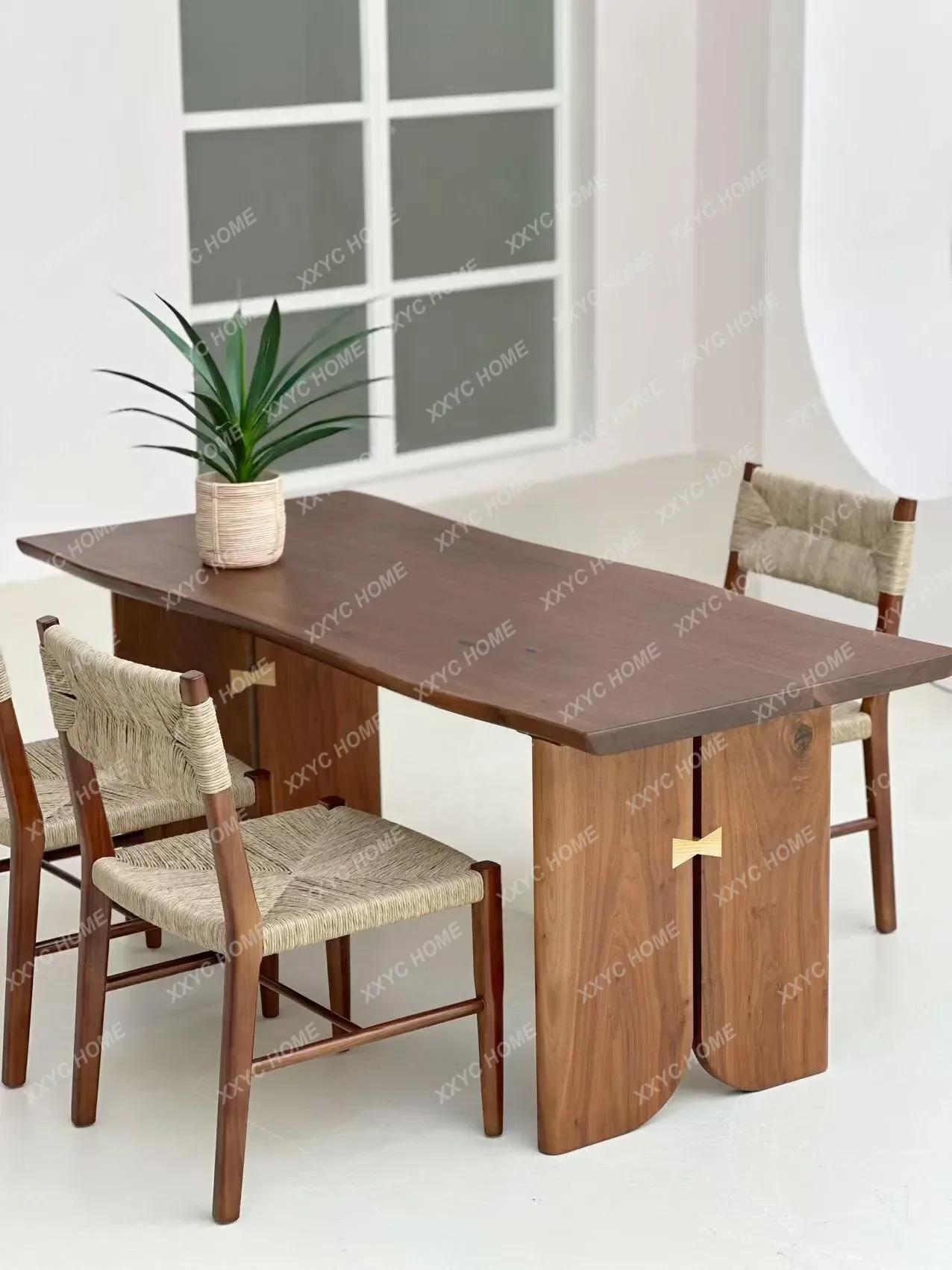 

Walnut Color Medieval Solid Wood Dining Table And Chair Combination Designer Retro Rectangular Tea Table Tea Table