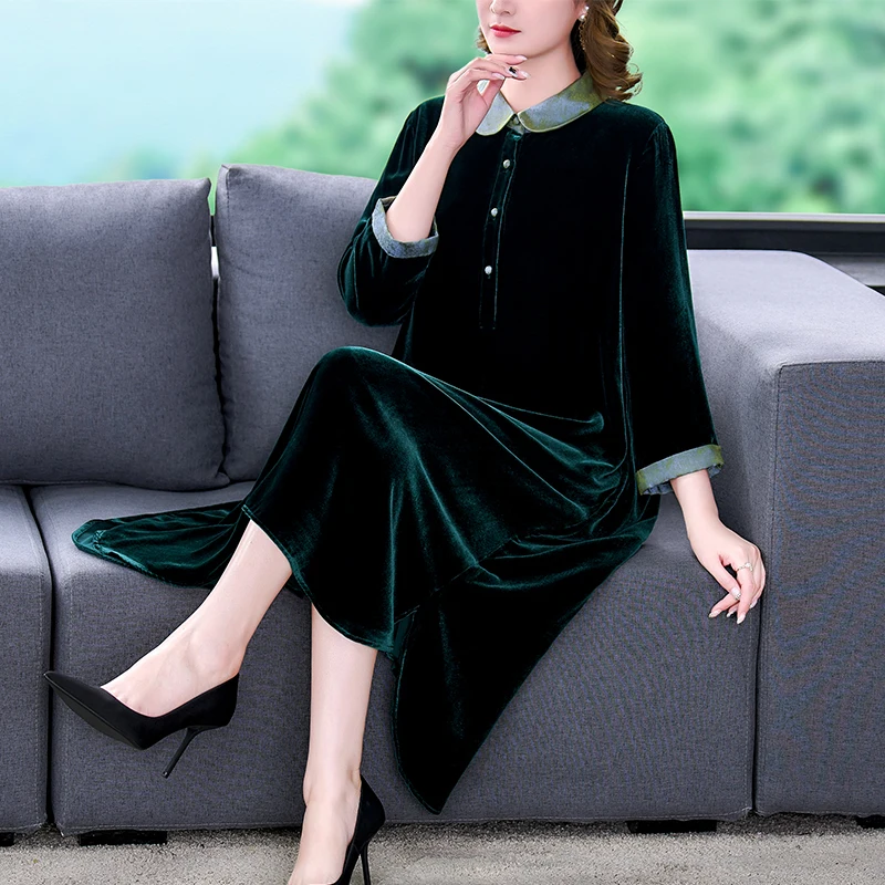 

2023 New Fashion Silk Velvet Dress Women's Autumn Vintage 3/4 Sleeve Loose Fit Casual Holiday Party Dress Vestidos