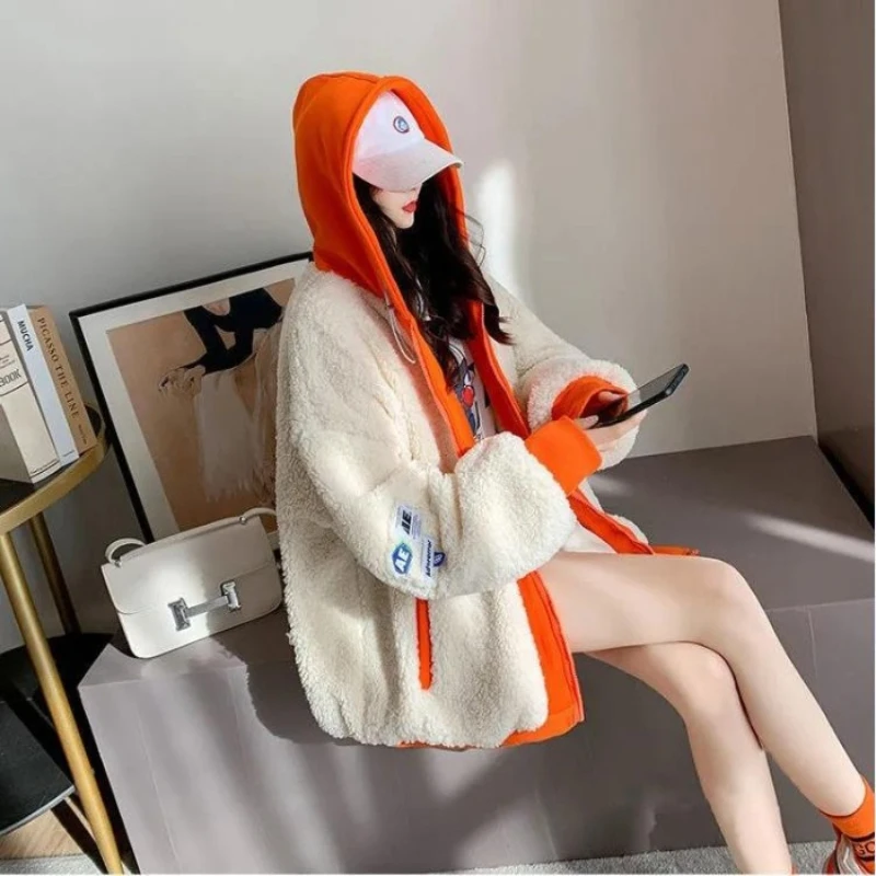 Hooded Faux Fur Jackets Zipper Short White Patchwork Furry Jackets Fluffy Street Loose Faux Lamb Plush Coats Warm Thick 2025 New view 5