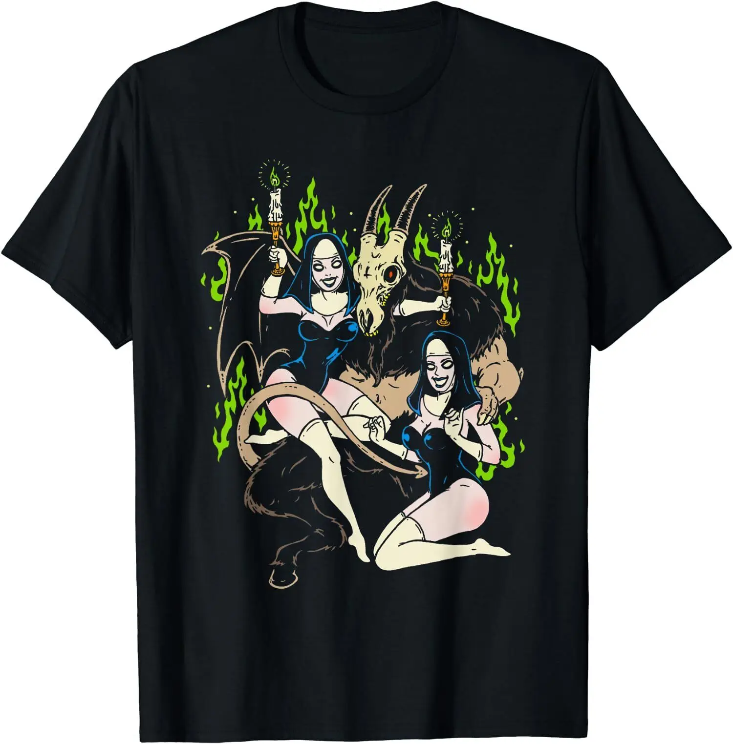 

NEW LIMITED Baphomet Occult Goat Man Demon with Sexy Nuns T-Shirt S-3XL