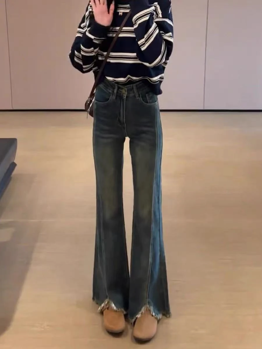 กางเกงยีนส์ทรงขากระบอกเล็กแบบผ่าข้างสไตล์เกาหลีสำหรับผู้หญิง ฤดูใบไม้ผลิ ฤดูใบไม้ร่วง เอวยางยืดสูง ทรงตรง สไตล์เรโทร ทรงเข้ารูป