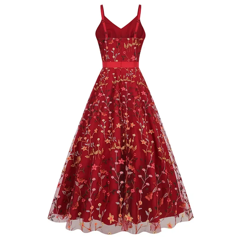 Vestido de fiesta Vintage con bordado Floral para mujer, traje Retro con tirantes finos, estilo Rockabilly de los años 60 y 50