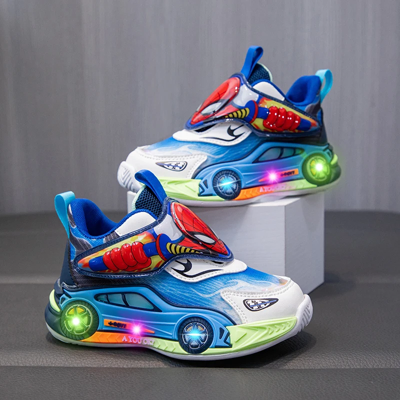 Led Boys Casual Shoes Outdoor Mesh Children Spiderman Sneakers Toddler Sport Shoes Lighted Non-slip Running Shoes Size 26-35