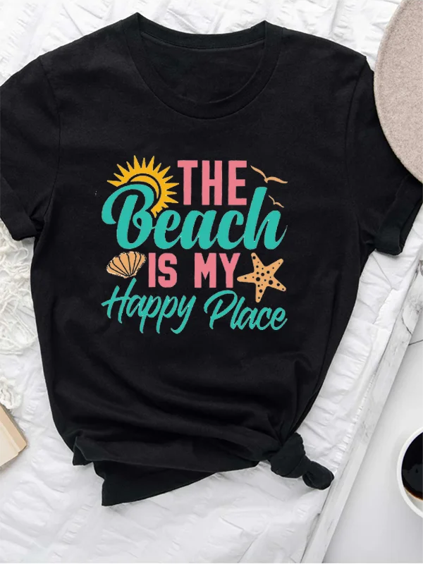 The Beach Is My Place Slogan Women T-shirt Fashion Hot Sale Beach Party Relax Casual Female Shirt Faddish Comfort Girl Tee