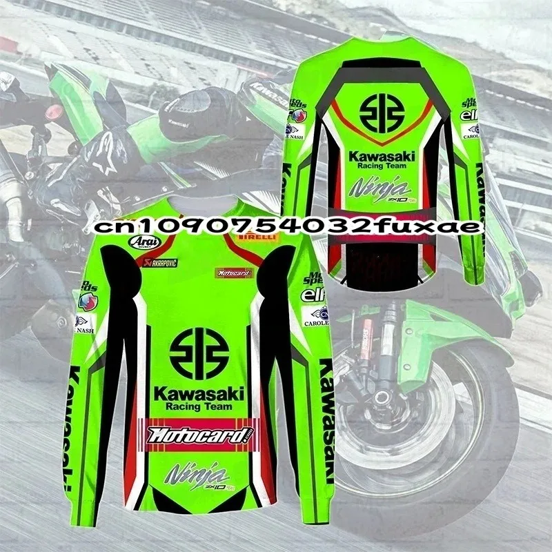 

2025 новая футболка Kawasaki с длинными рукавами для гонок на мотоциклах Ver5 с 3D принтом и круглым вырезом для тренировок на велосипеде/футболка для взрослых