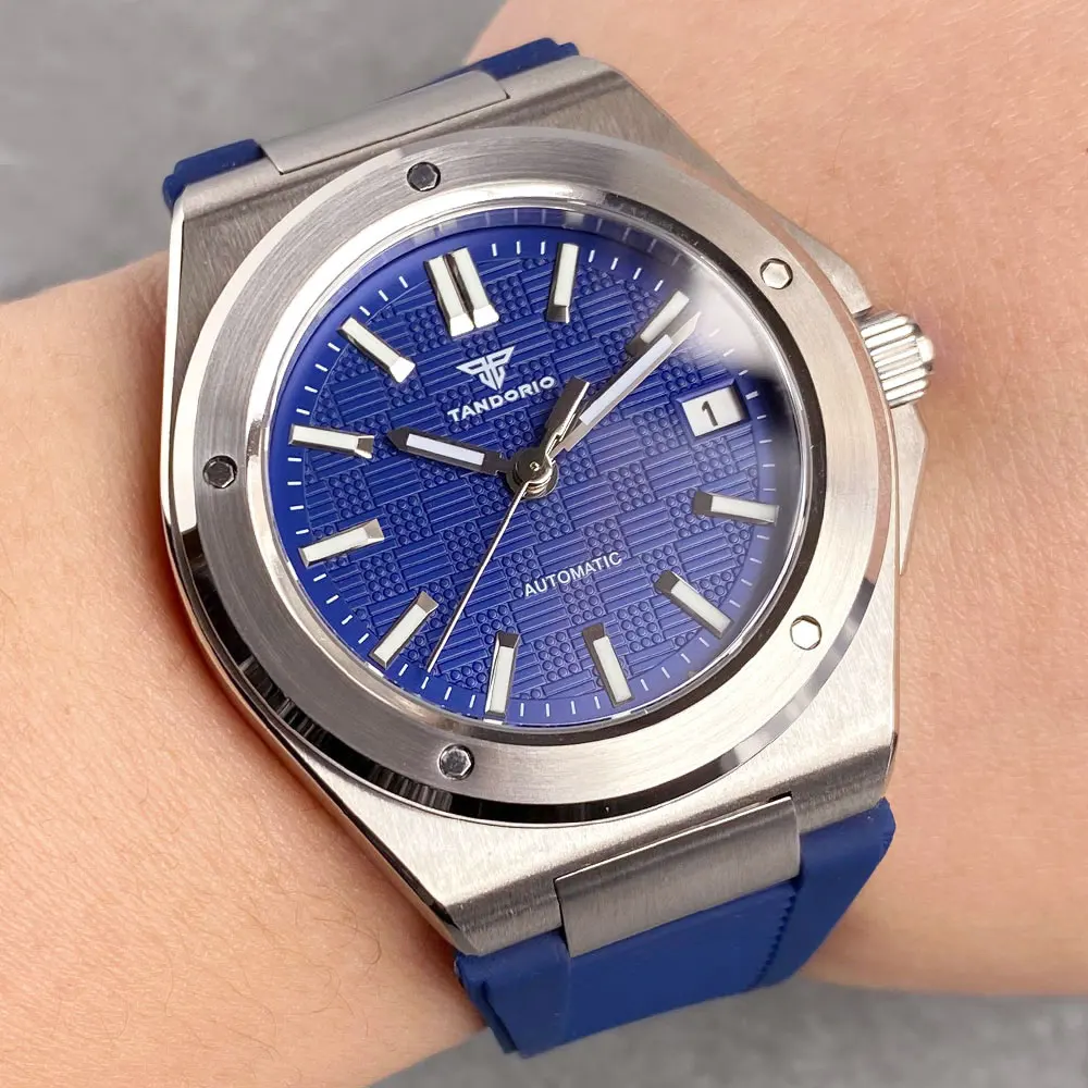 Tandorio 40 mm weiß kariertes Gitter-Zifferblatt, leuchtende NH35 mechanische Herren-Armbanduhr, Saphirglas, Stahlarmband, Datumsstab-Index 7