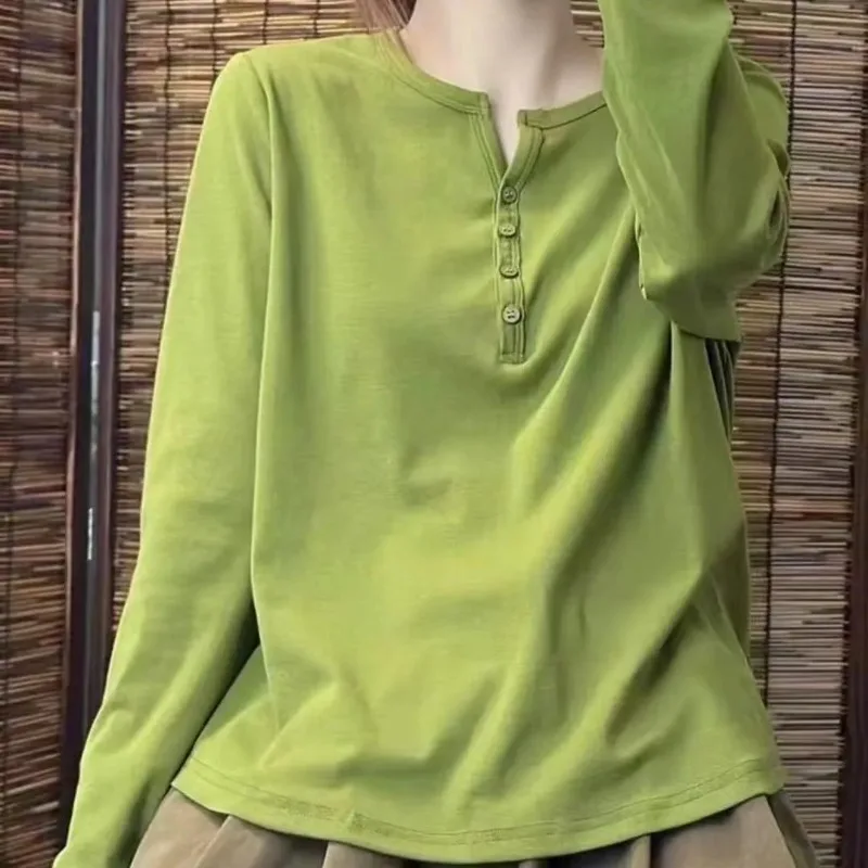 Women Vintage Spring Henley Neck Long Sleeve T Shirt Casual Loose Plus Size Mom Top Daily Wear