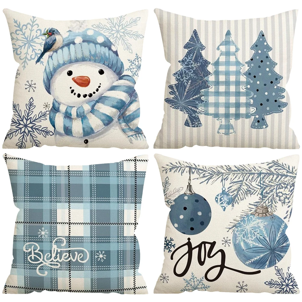 4 PCS Linen Christmas Pillow Cases Xmas Tree Holiday Buffalo Plaid Throw Pillow Covers Cushion Cover Decoration for Sofa Couch