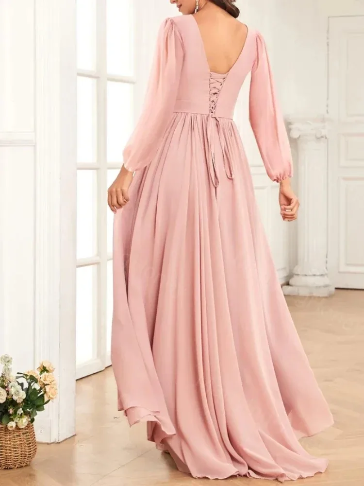 Robe de Soirée Formelle Française Personnalisée, Col en V Profond, Manches Lanternes, Simple et Élégante, Taille Slim, Robes de Demoiselle d'Honneur, Fente Haute, à Volants