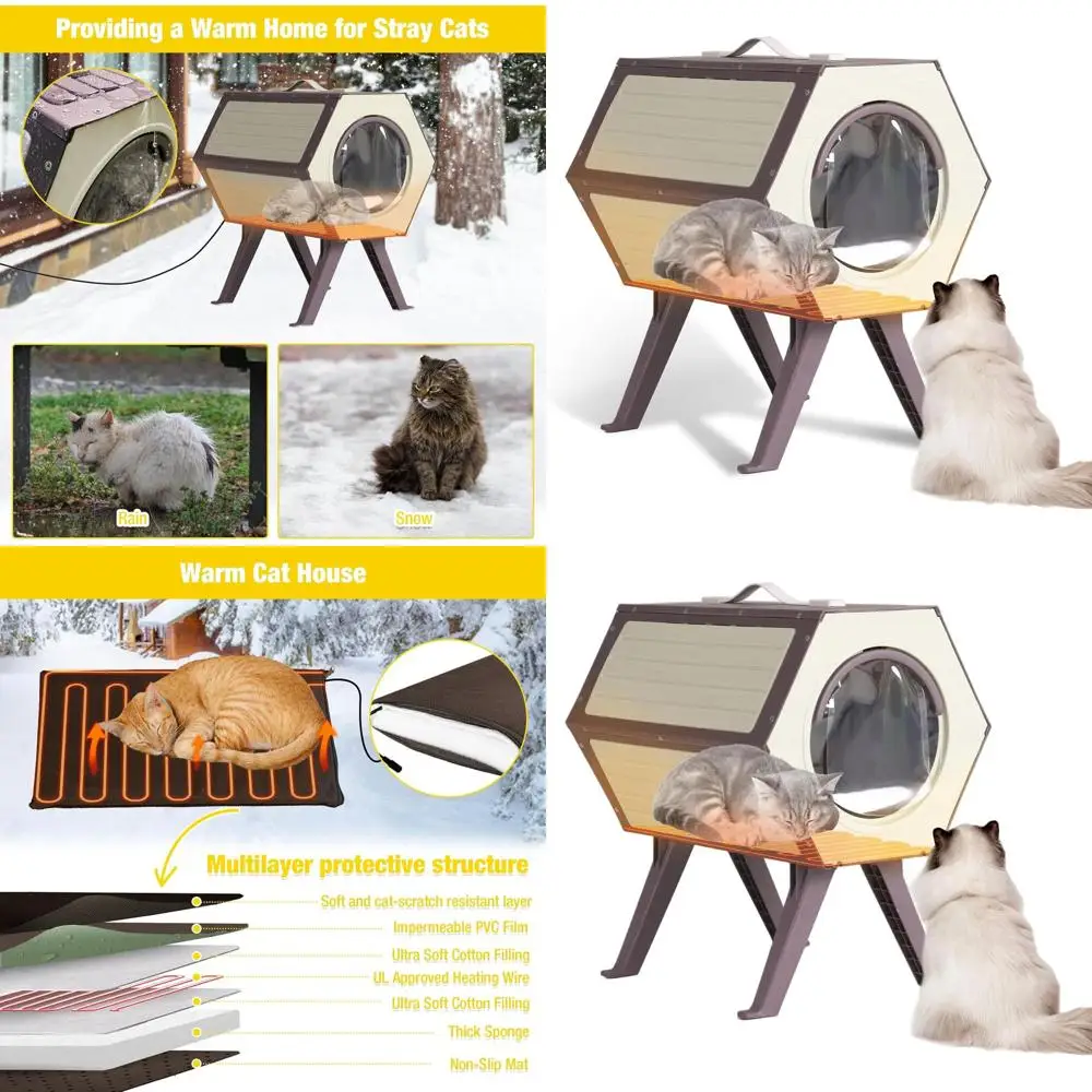 

Insulated Temperature-Controlled Cat Shelter with Escape Hatch for Outdoor Winter Use (White/Brown)