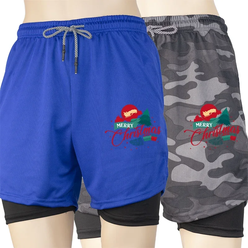 

Летние мужские шорты для бега в тренажерном зале 2 в 1, спортивные шорты с принтом и карманом для телефона, быстросохнущие, дышащие